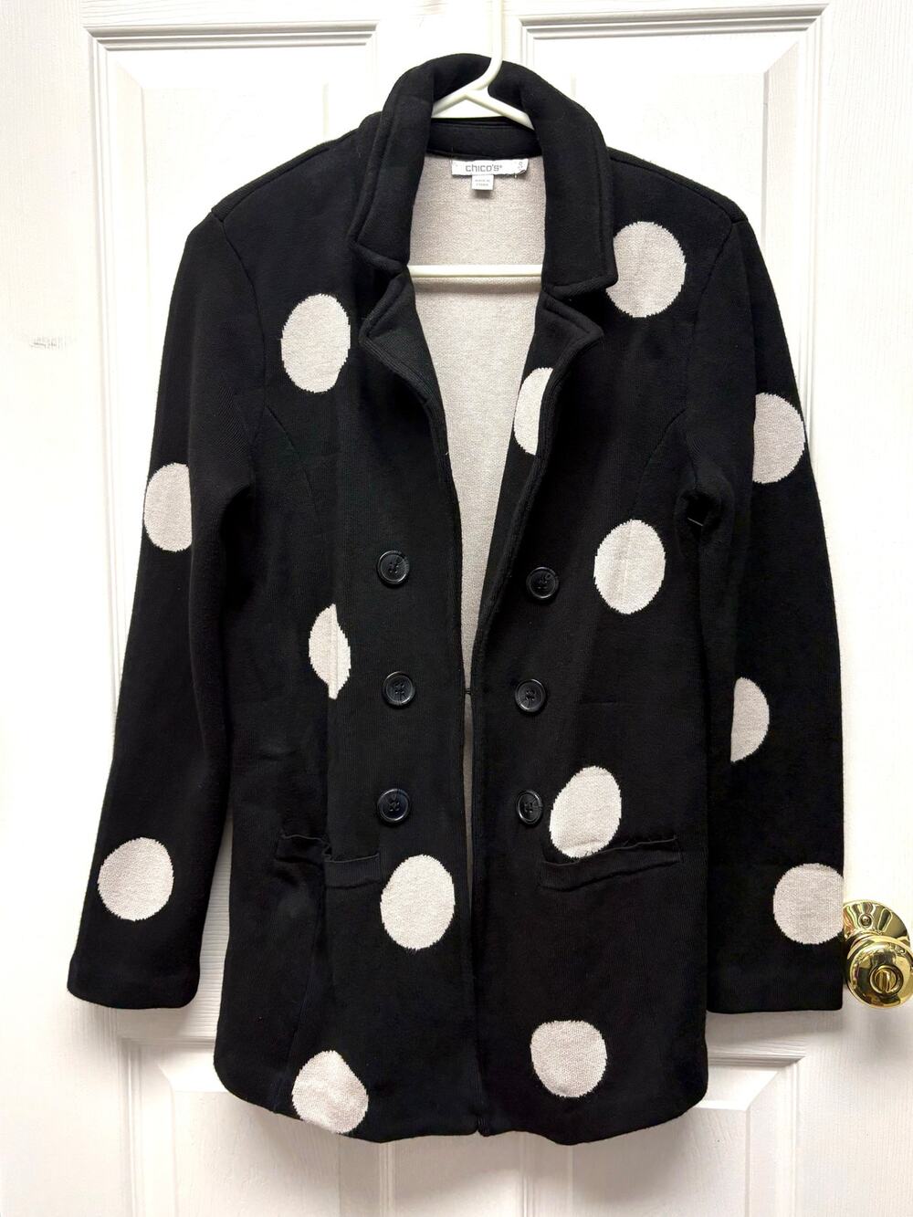 Chico’s Sweater Jacket Black Polka Dot Knit Double Breasted Blazer Size 2 4